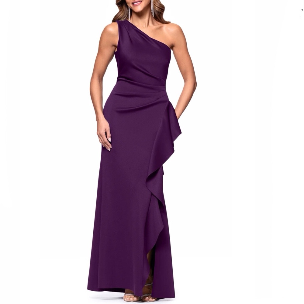 Xscape One Shoulder Plum Purple Techno Scuba Ruffle Gown FLO Size 10 Petite
